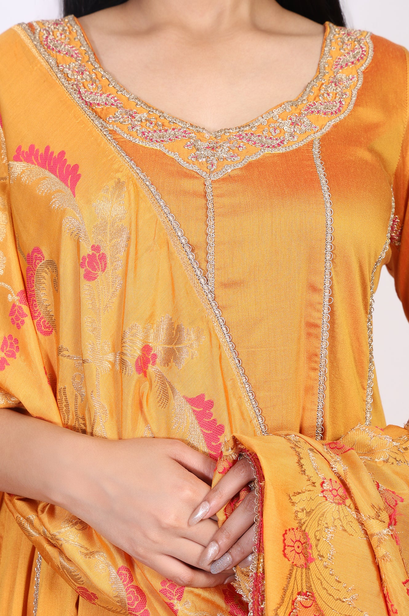 Yellow Embroidered Anarkali Jacquard Kurta with Straight Pant and Dupatta Set