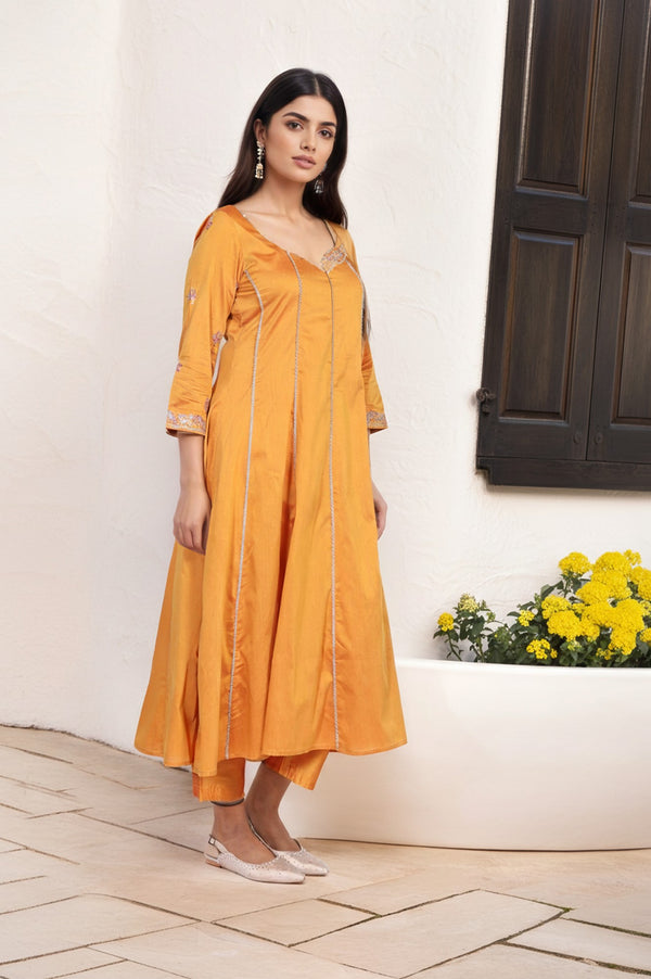 Yellow Embroidered Anarkali Jacquard Kurta with Straight Pant and Dupatta Set