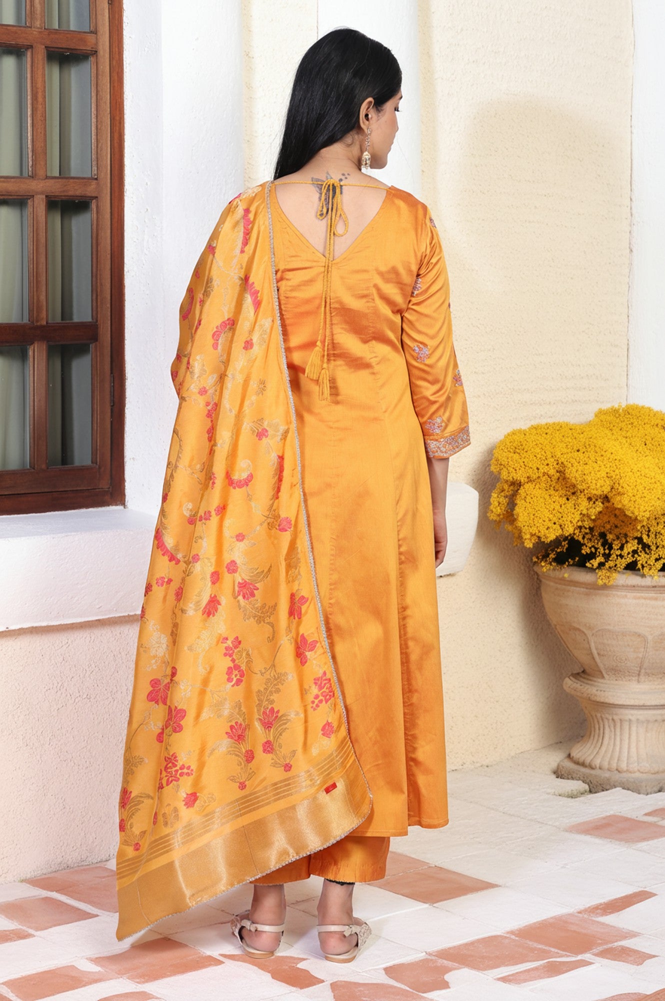 Yellow Embroidered Anarkali Jacquard Kurta with Straight Pant and Dupatta Set