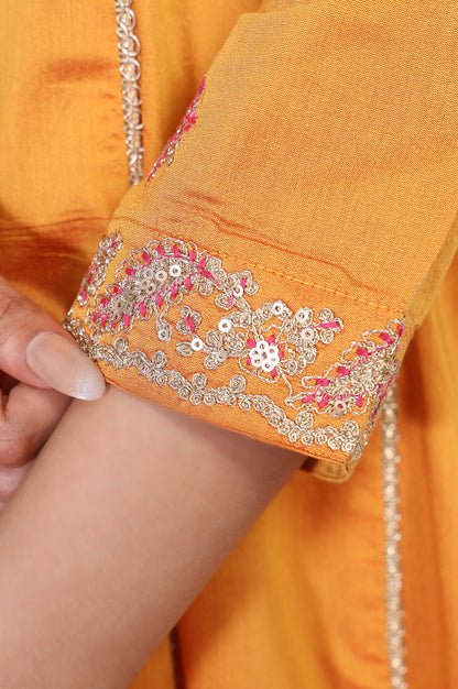 Yellow Embroidered Anarkali Jacquard Kurta with Straight Pant and Dupatta Set