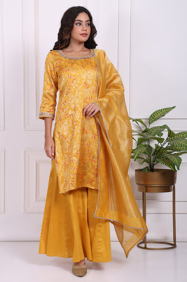 Yellow Embroidered Straight Jacquard Kurta with Sharara and Dupatta Set