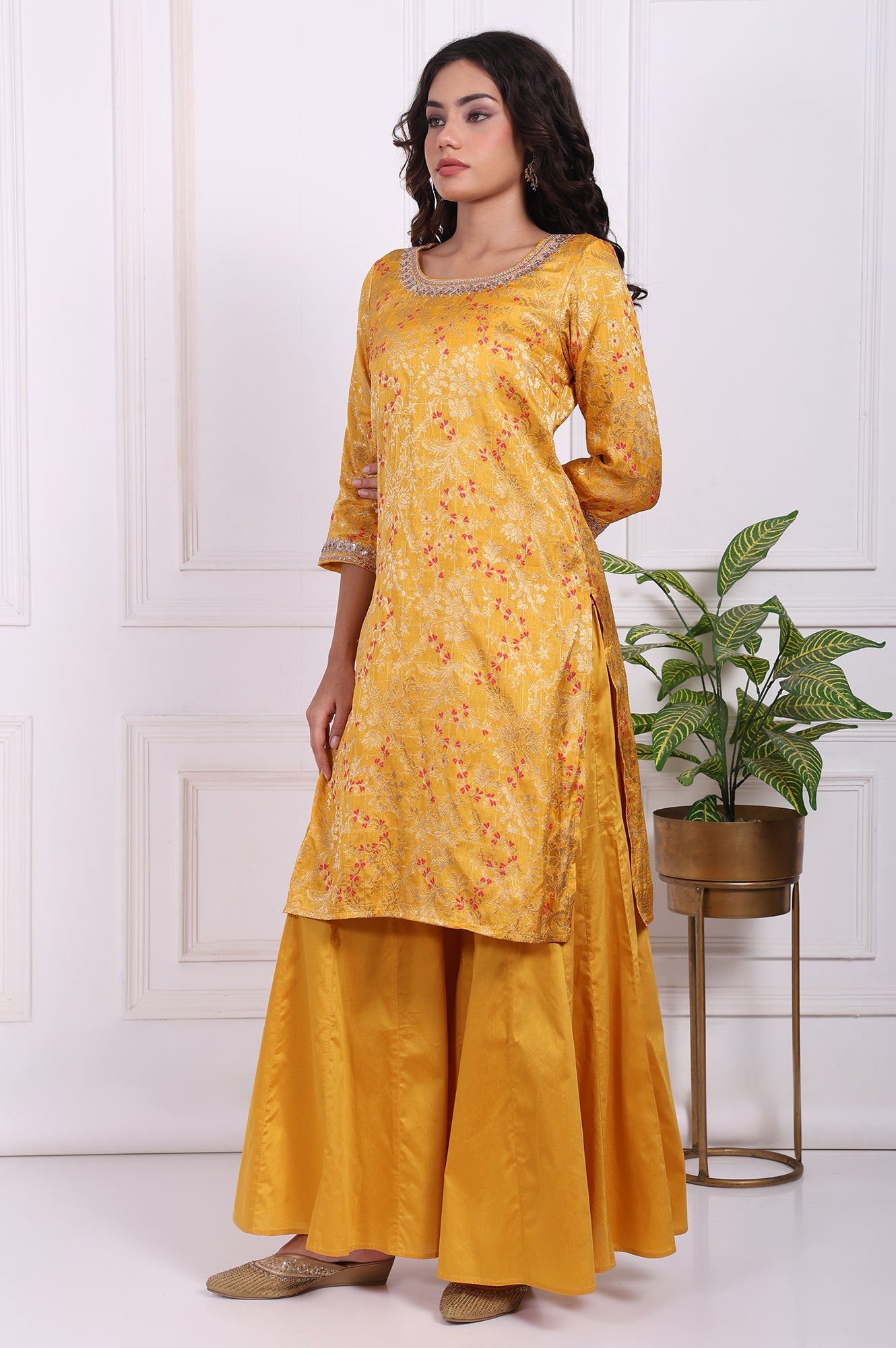 Yellow Embroidered Straight Jacquard Kurta with Sharara and Dupatta Set