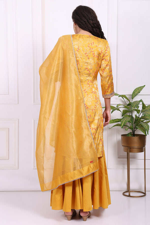 Yellow Embroidered Straight Jacquard Kurta with Sharara and Dupatta Set
