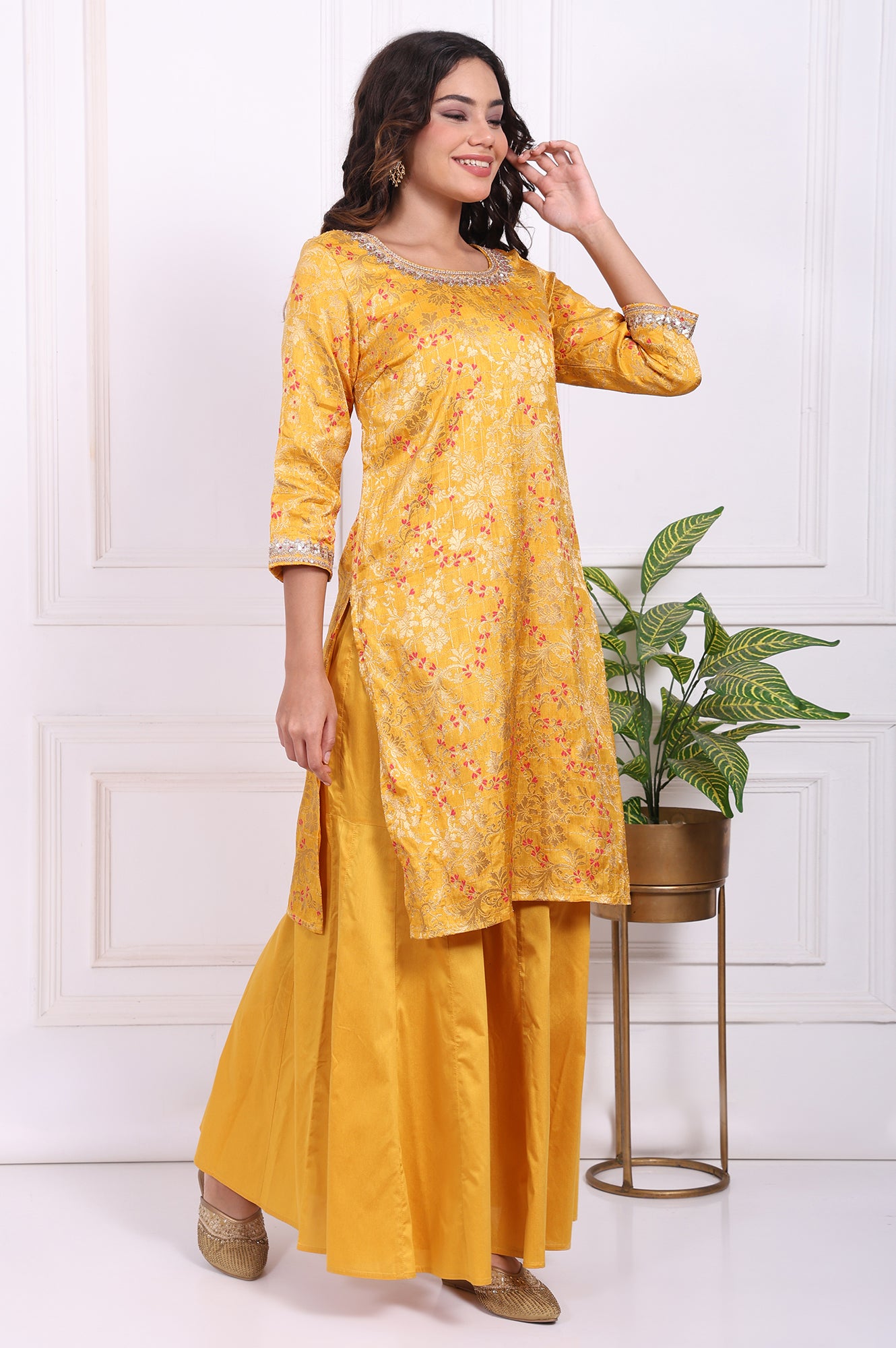 Yellow Embroidered Straight Jacquard Kurta with Sharara and Dupatta Set