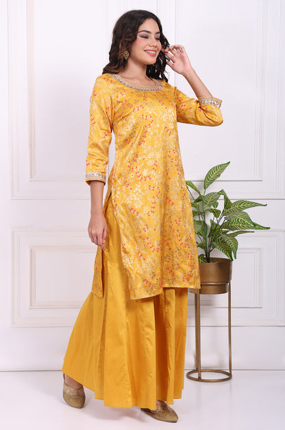 Yellow Embroidered Straight Jacquard Kurta with Sharara and Dupatta Set
