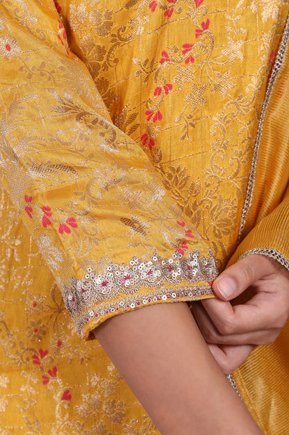 Yellow Embroidered Straight Jacquard Kurta with Sharara and Dupatta Set