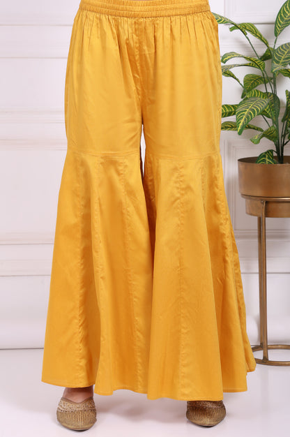 Yellow Embroidered Straight Jacquard Kurta with Sharara and Dupatta Set