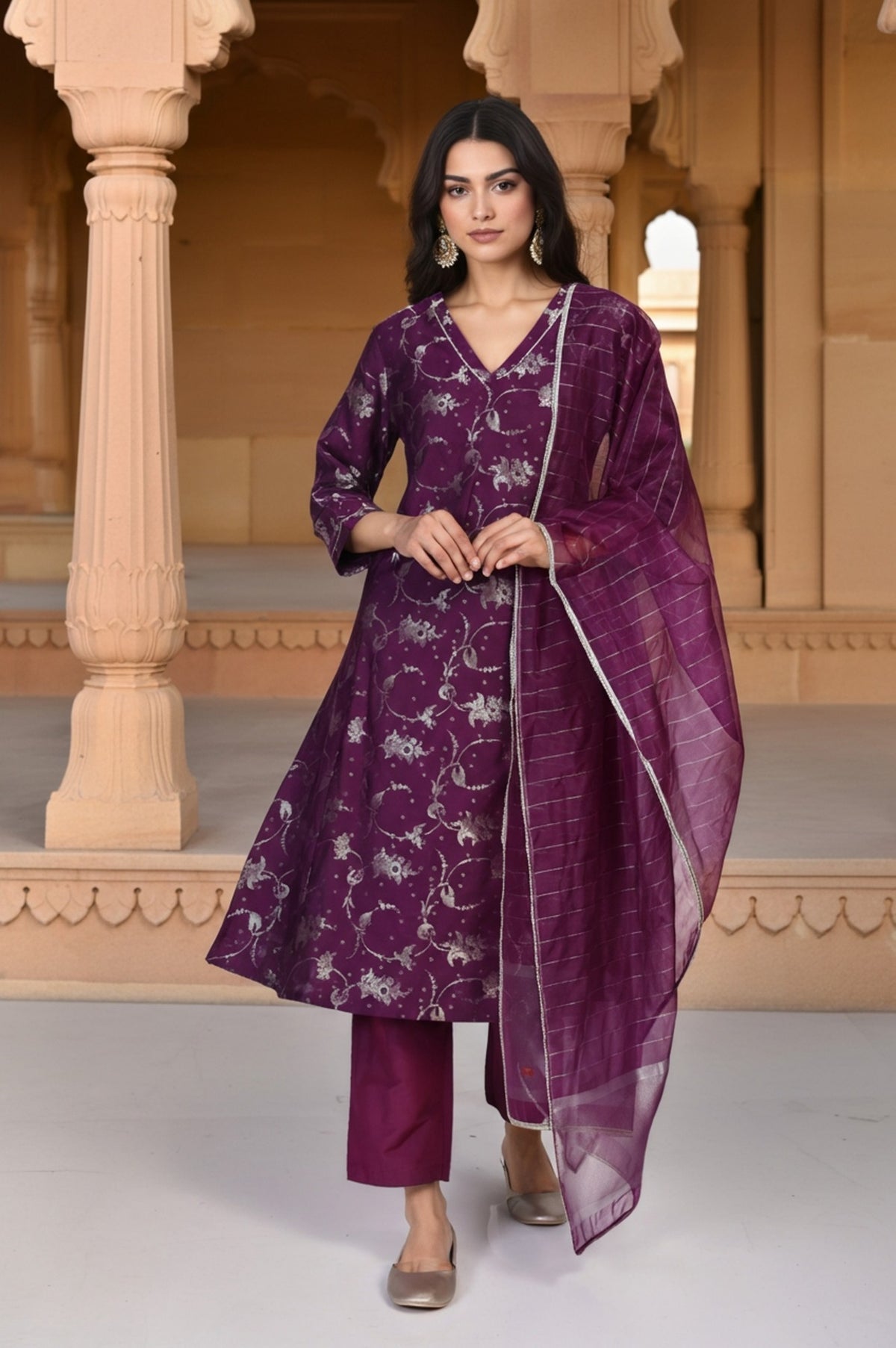 Purple Floral Print Tape A-Line Jacquard Kurta with Straight Pant and Dupatta Set - XS