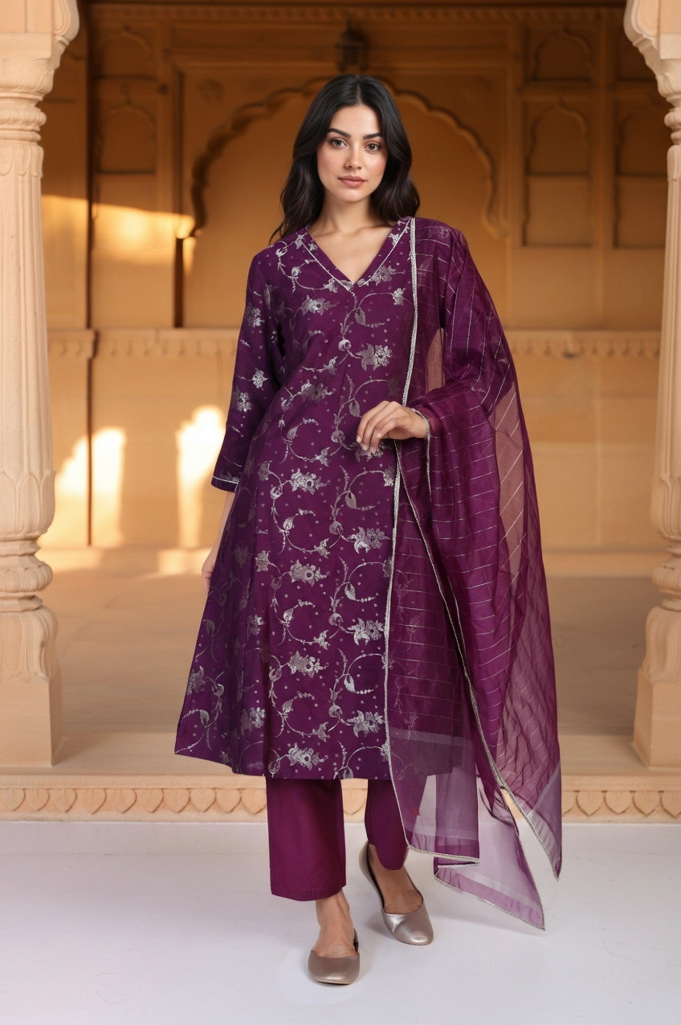 Purple Floral Print Tape A-Line Jacquard Kurta with Straight Pant and Dupatta Set