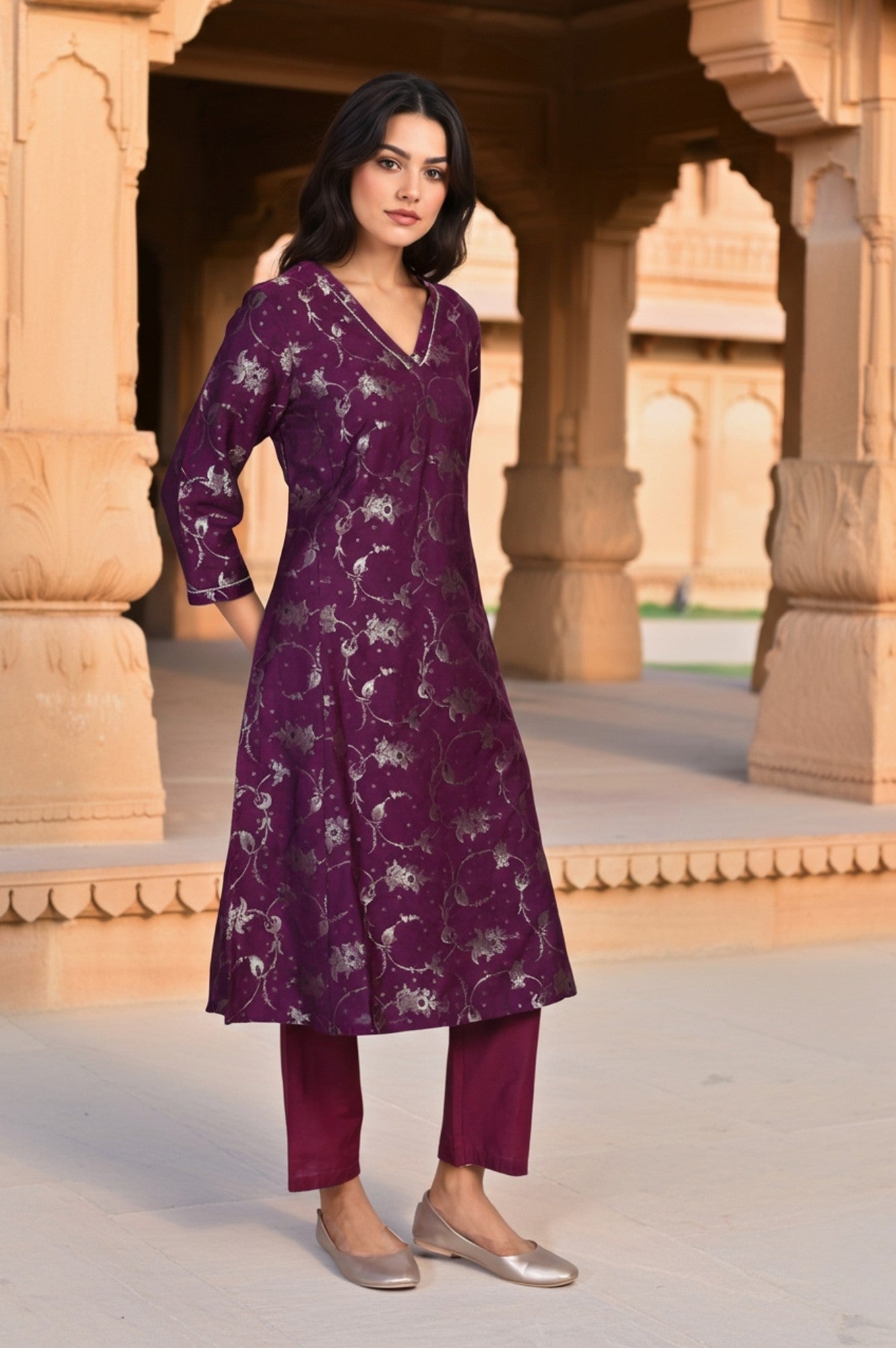 Purple Floral Print Tape A-Line Jacquard Kurta with Straight Pant and Dupatta Set
