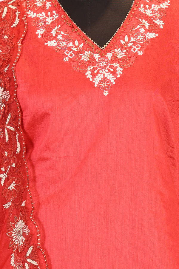 Red Embroidered Straight Kurta with Pants and Dupatta Set
