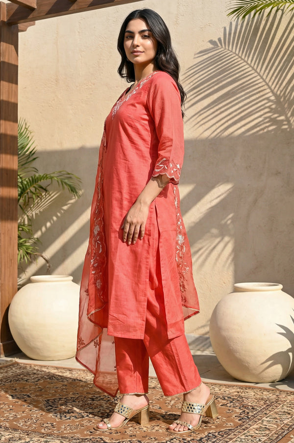Red Embroidered Straight Kurta with Pants and Dupatta Set