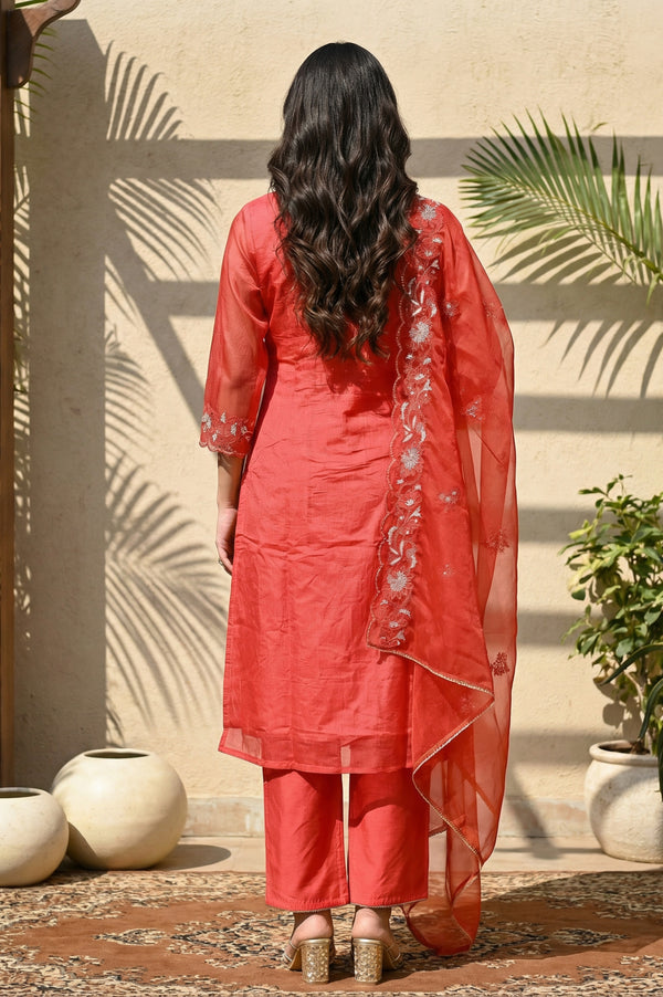 Red Embroidered Straight Kurta with Pants and Dupatta Set