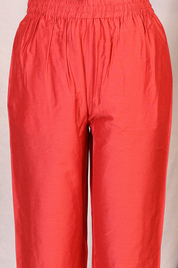 Red Embroidered Straight Kurta with Pants and Dupatta Set