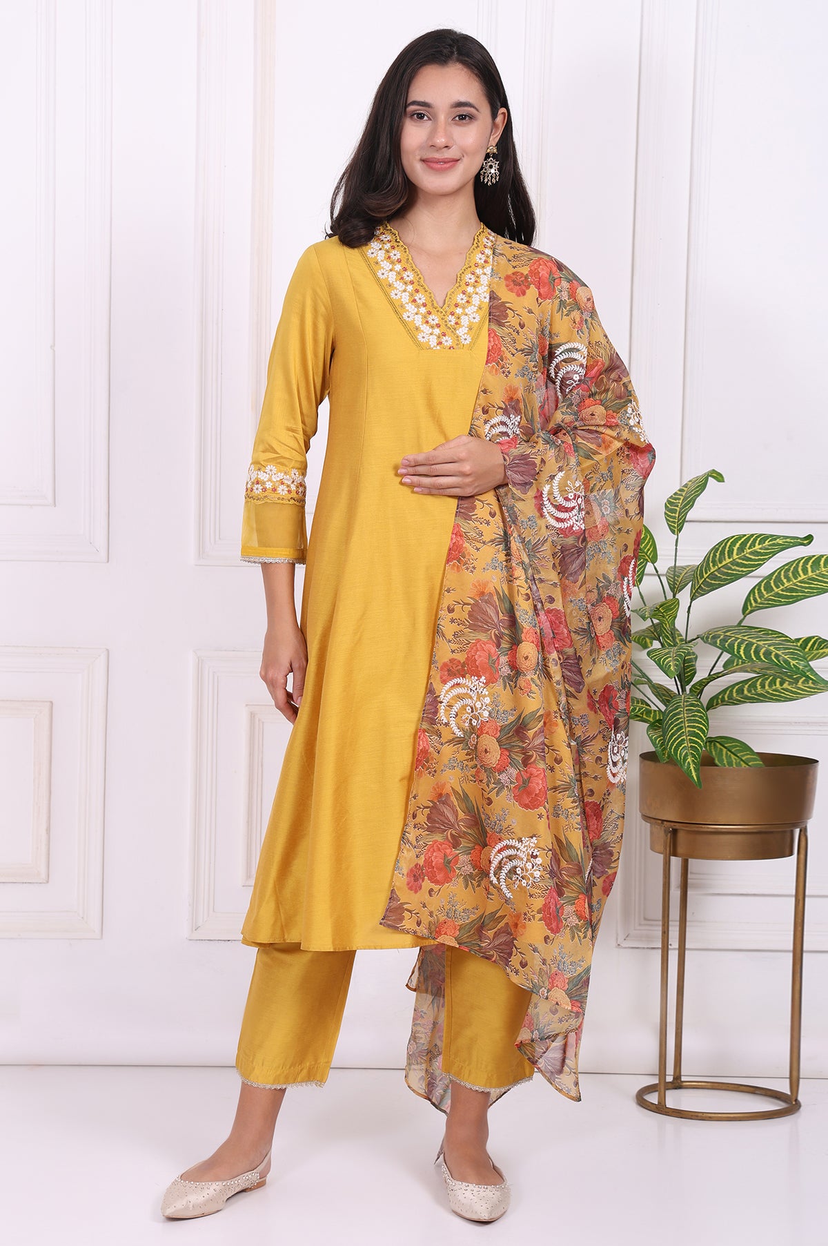 Yellow Embroidered Straight Kurta, Pants and Dupatta Set - XS