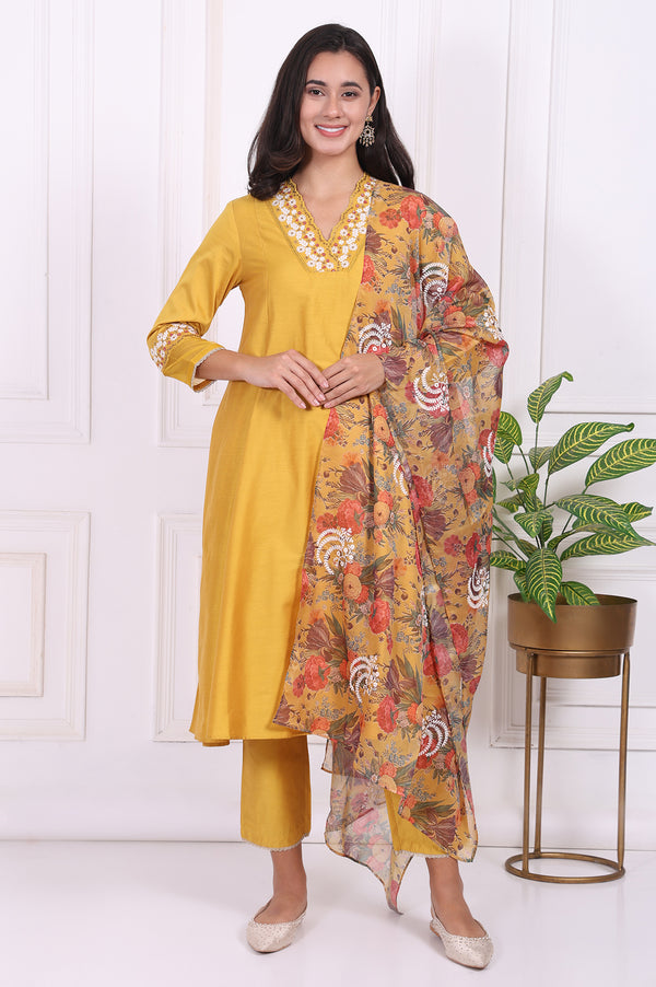 Yellow Embroidered Straight Kurta, Pants and Dupatta Set