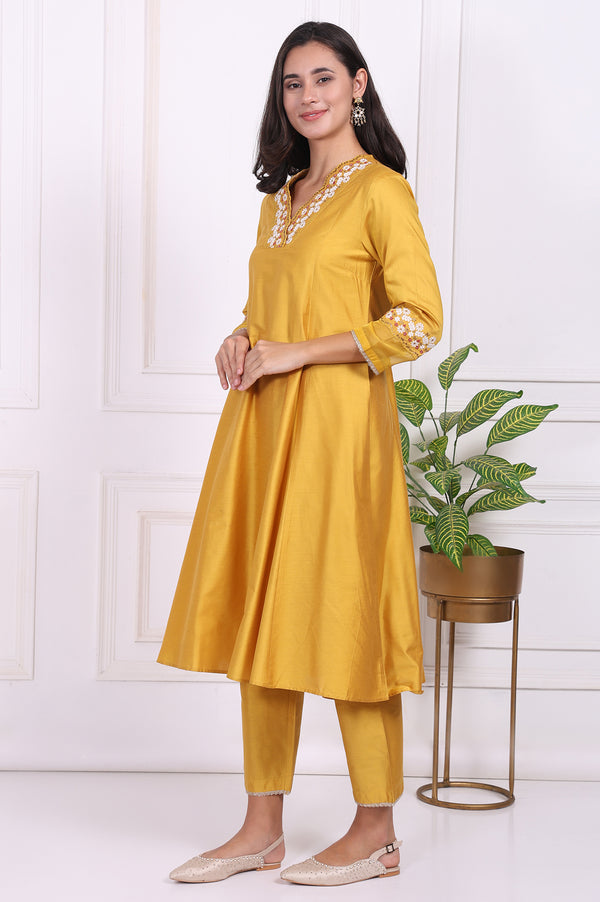 Yellow Embroidered Straight Kurta, Pants and Dupatta Set