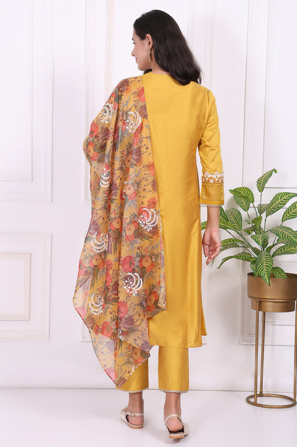 Yellow Embroidered Straight Kurta, Pants and Dupatta Set