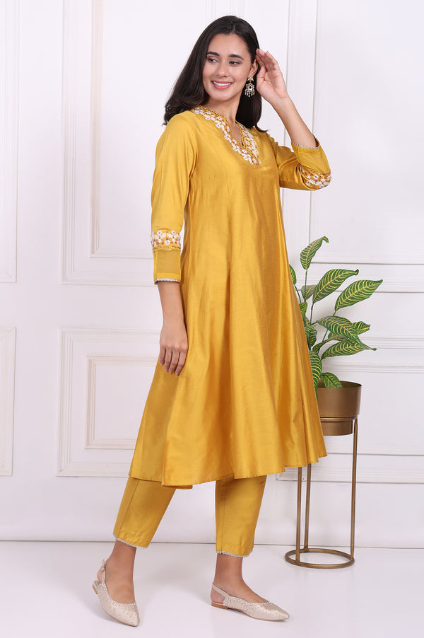 Yellow Embroidered Straight Kurta, Pants and Dupatta Set