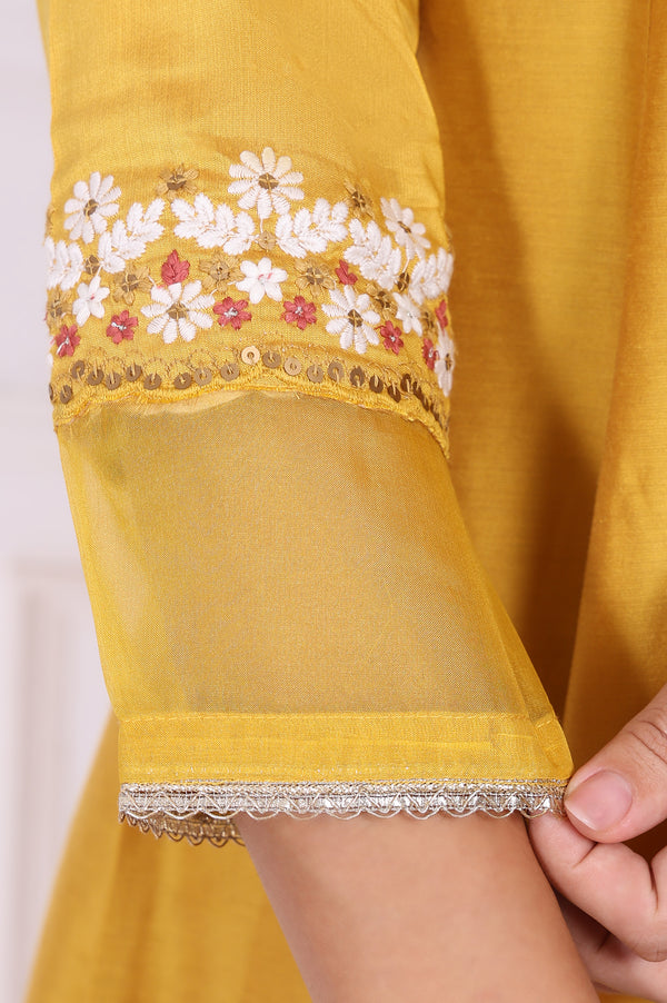 Yellow Embroidered Straight Kurta, Pants and Dupatta Set