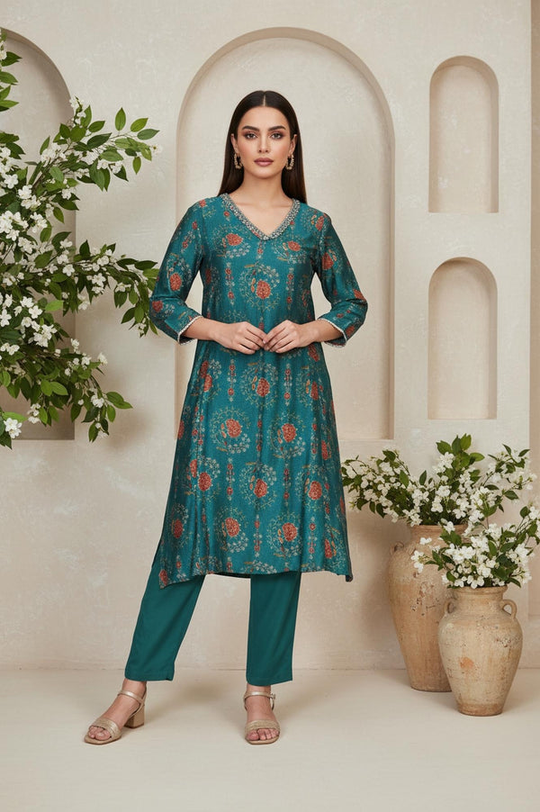 Teal Floral Printed Embellished A-Line Art Silk Kurta with Straight Pant Set