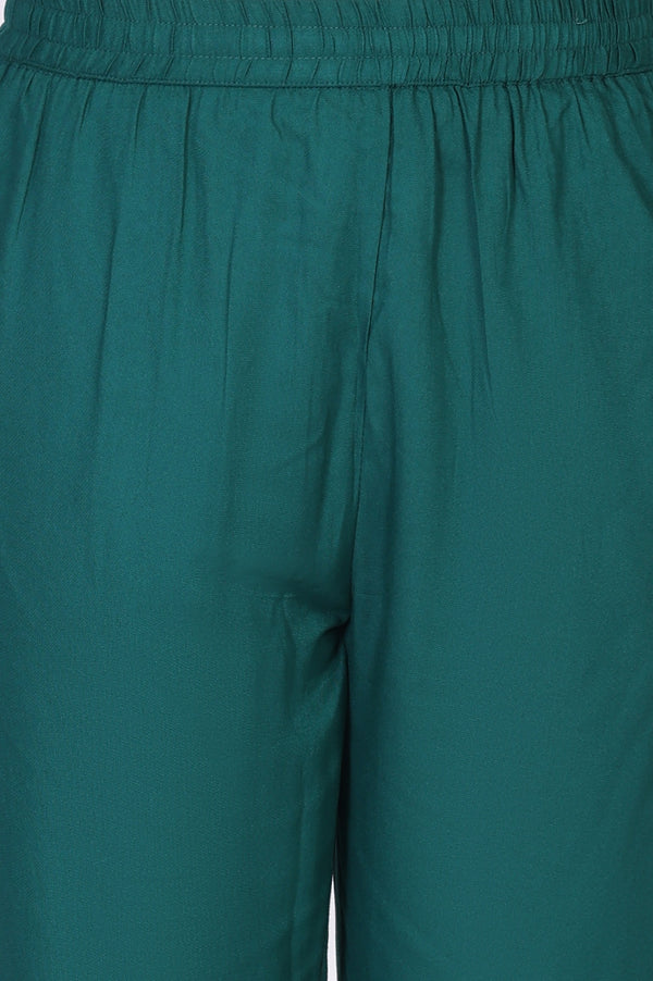Teal Floral Printed Embellished A-Line Art Silk Kurta with Straight Pant Set