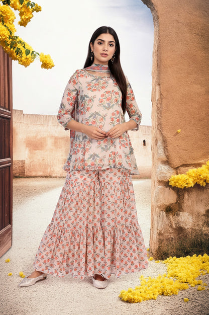 Beige Floral Embellished Peplum Chiffon Kurta with Sharara and Dupatta Set
