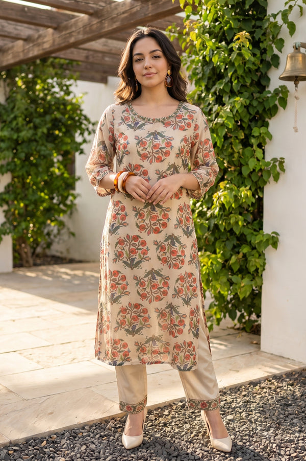 Beige Floral Printed Chiffon Straight Kurta and Pants Set