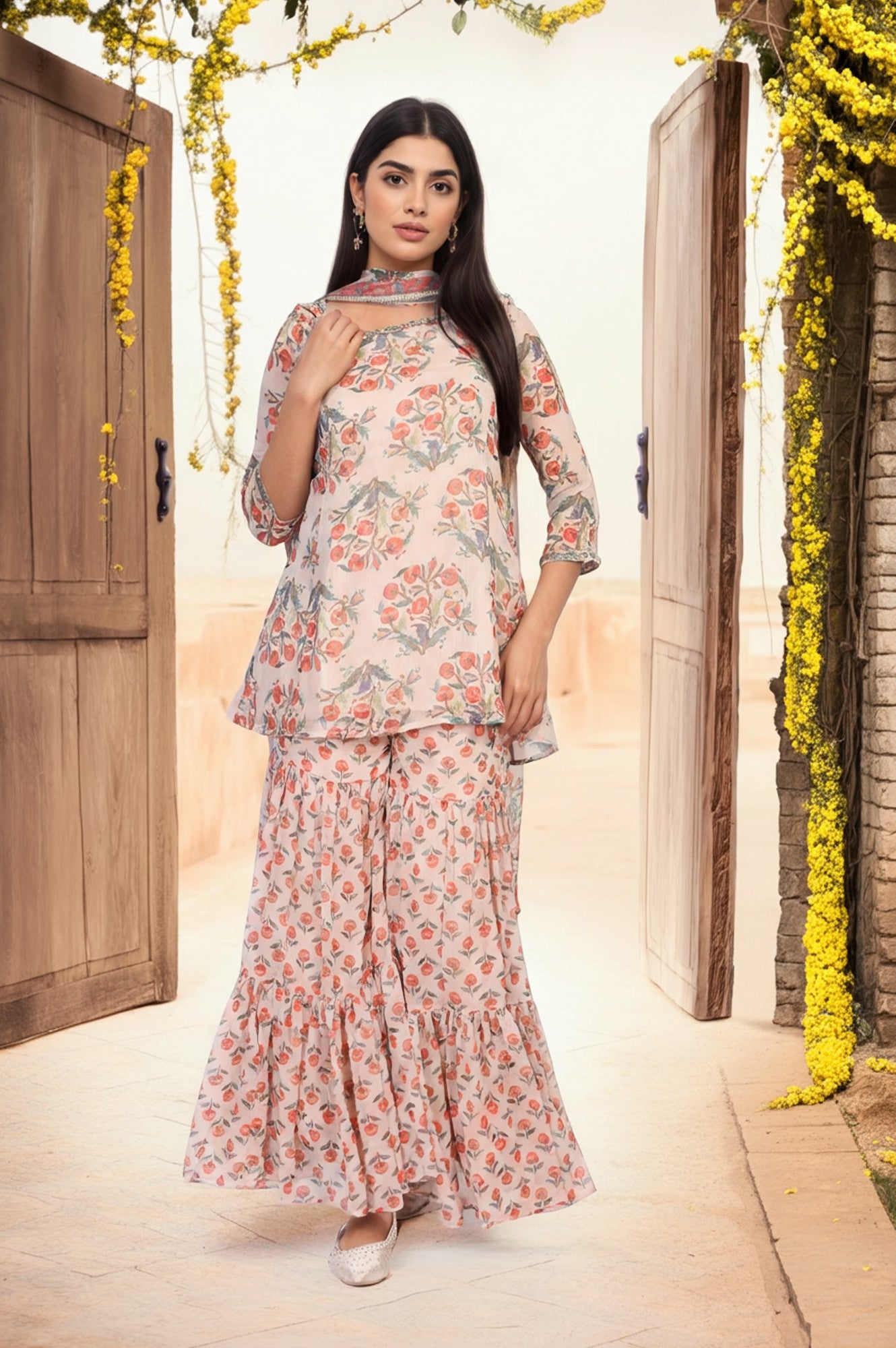 Beige Floral Embellished Peplum Chiffon Kurta with Sharara and Dupatta Set