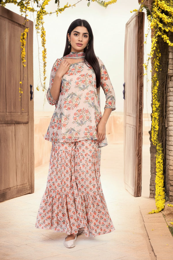 Beige Floral Embellished Peplum Chiffon Kurta with Sharara and Dupatta Set