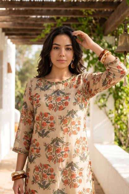 Beige Floral Printed Chiffon Straight Kurta and Pants Set