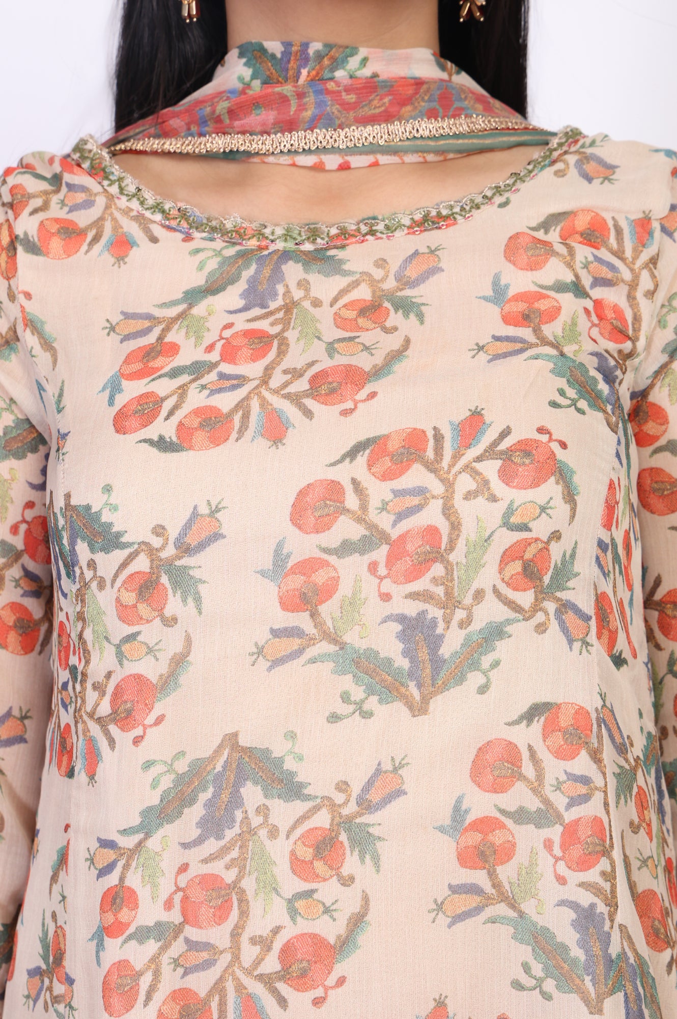 Beige Floral Embellished Peplum Chiffon Kurta with Sharara and Dupatta Set