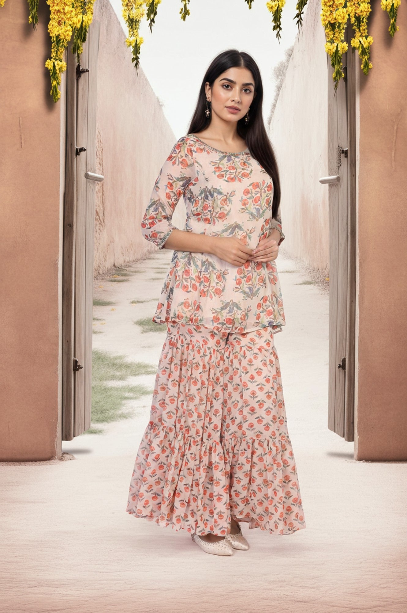 Beige Floral Embellished Peplum Chiffon Kurta with Sharara and Dupatta Set