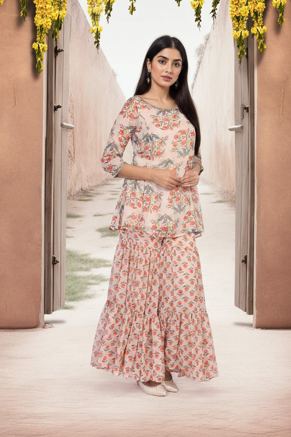 Beige Floral Embellished Peplum Chiffon Kurta with Sharara and Dupatta Set