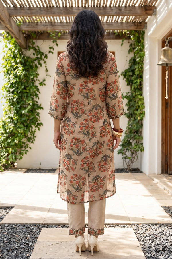 Beige Floral Printed Chiffon Straight Kurta and Pants Set