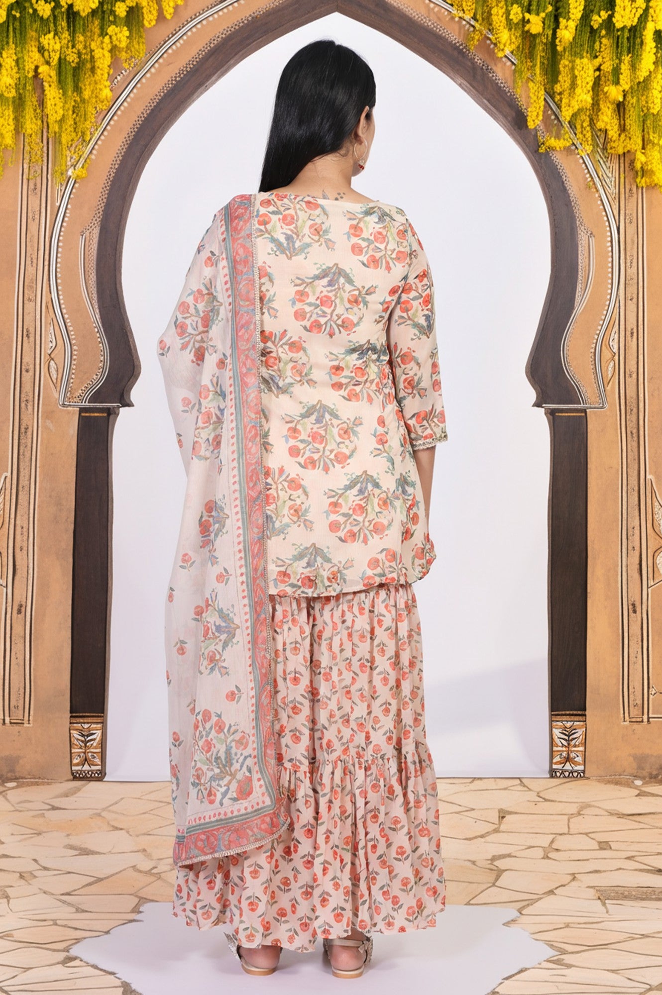 Beige Floral Embellished Peplum Chiffon Kurta with Sharara and Dupatta Set