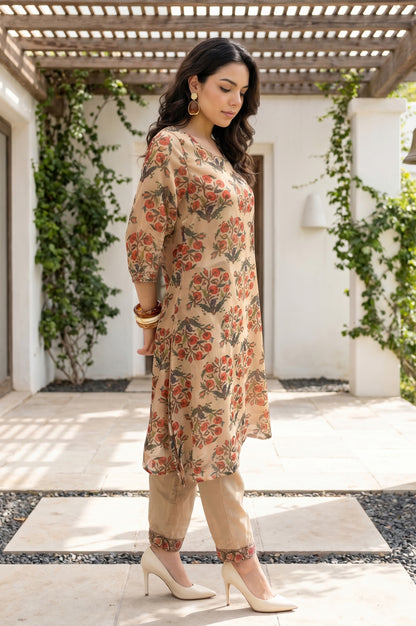 Beige Floral Printed Chiffon Straight Kurta and Pants Set