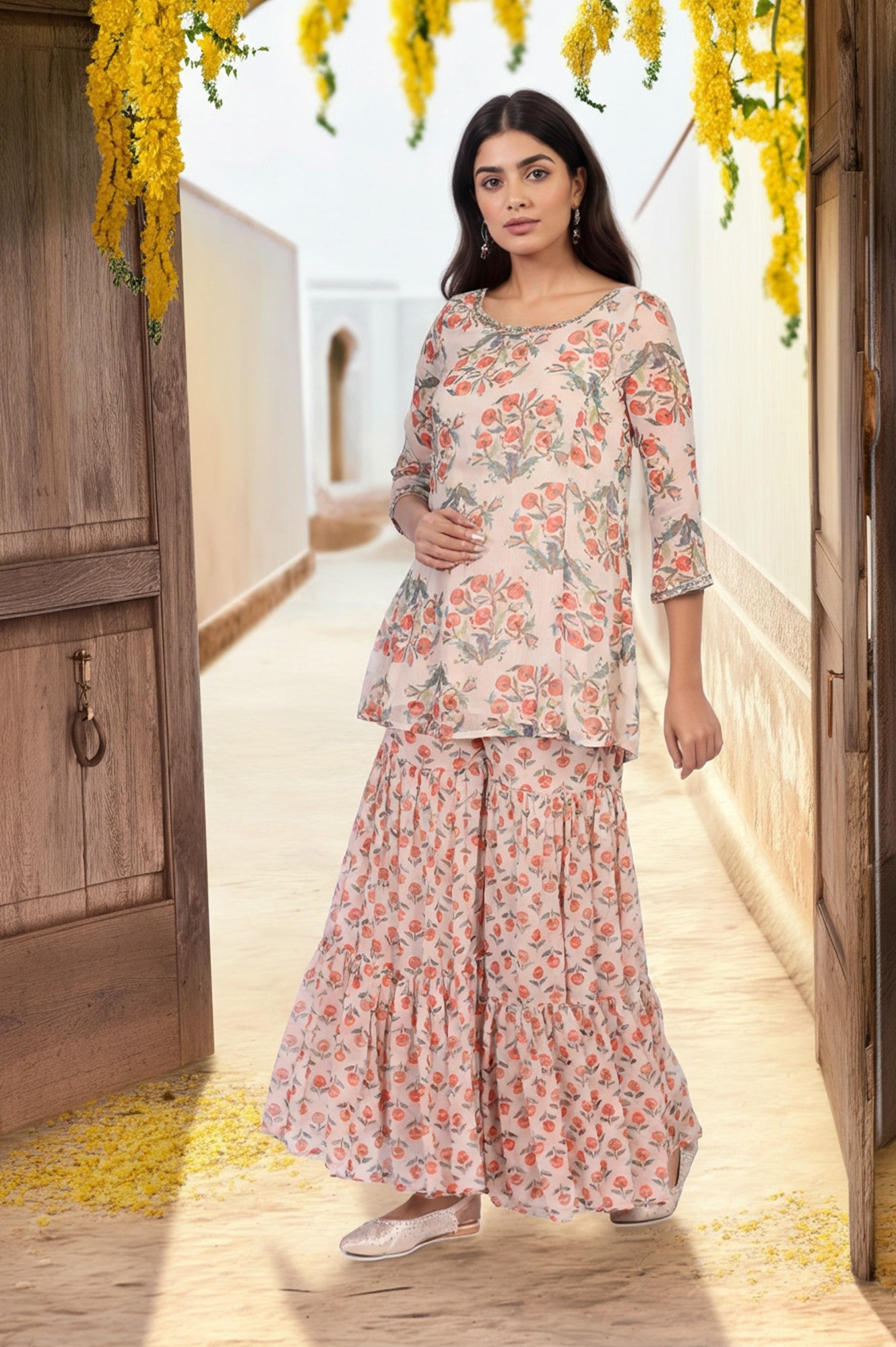 Beige Floral Embellished Peplum Chiffon Kurta with Sharara and Dupatta Set
