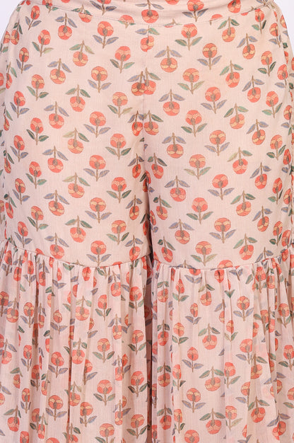 Beige Floral Embellished Peplum Chiffon Kurta with Sharara and Dupatta Set