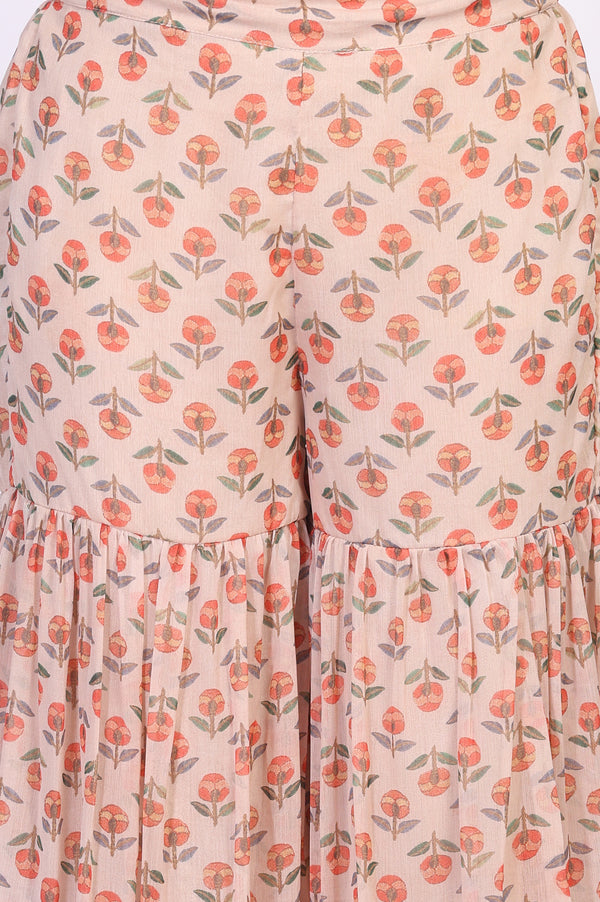 Beige Floral Embellished Peplum Chiffon Kurta with Sharara and Dupatta Set