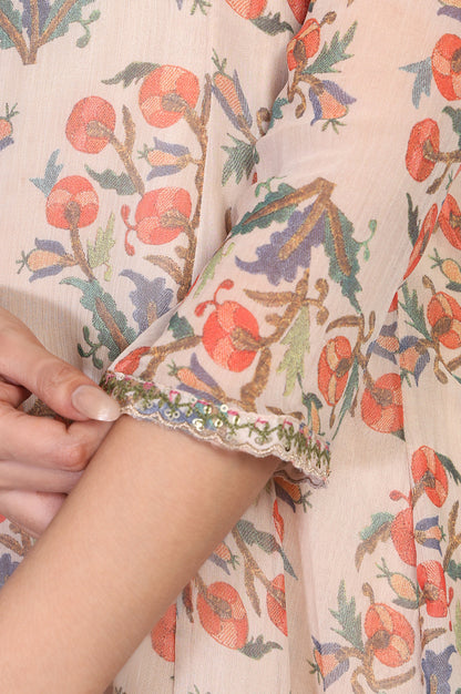 Beige Floral Embellished Peplum Chiffon Kurta with Sharara and Dupatta Set