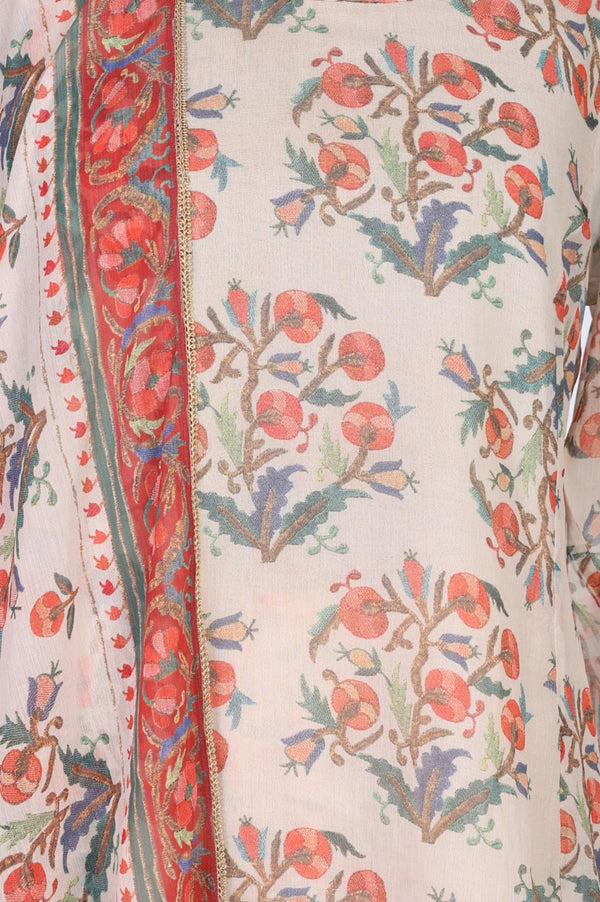 Beige Floral Printed Lace Straight Kurta with Sharara and Dupatta Set