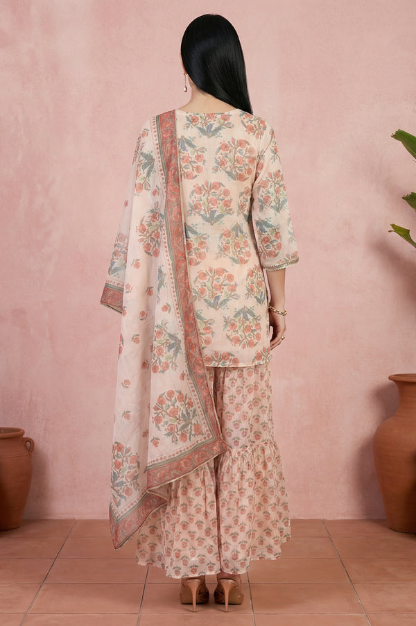 Beige Floral Printed Lace Straight Kurta with Sharara and Dupatta Set