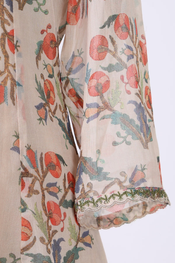 Beige Floral Printed Lace Straight Kurta with Sharara and Dupatta Set