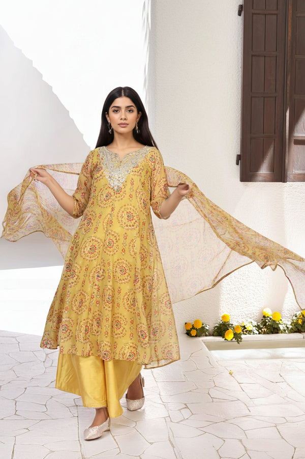 Yellow Embroidered Anarkali Organza Kurta with Flared Pant and Dupatta Set