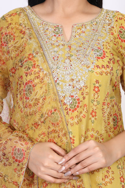 Yellow Embroidered Anarkali Organza Kurta with Flared Pant and Dupatta Set