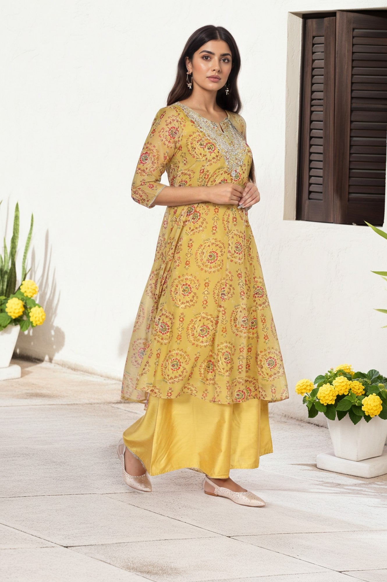 Yellow Embroidered Anarkali Organza Kurta with Flared Pant and Dupatta Set