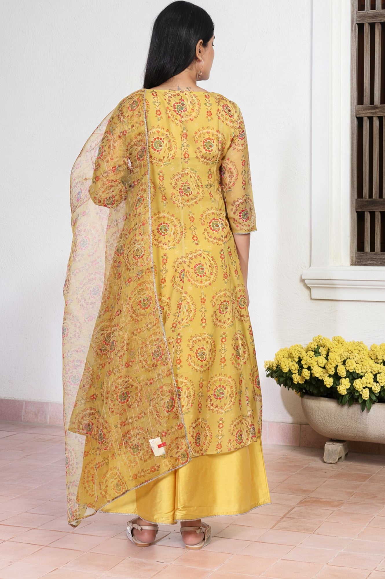 Yellow Embroidered Anarkali Organza Kurta with Flared Pant and Dupatta Set