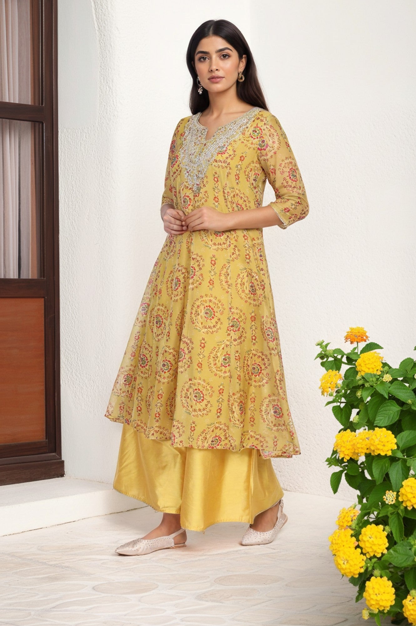 Yellow Embroidered Anarkali Organza Kurta with Flared Pant and Dupatta Set