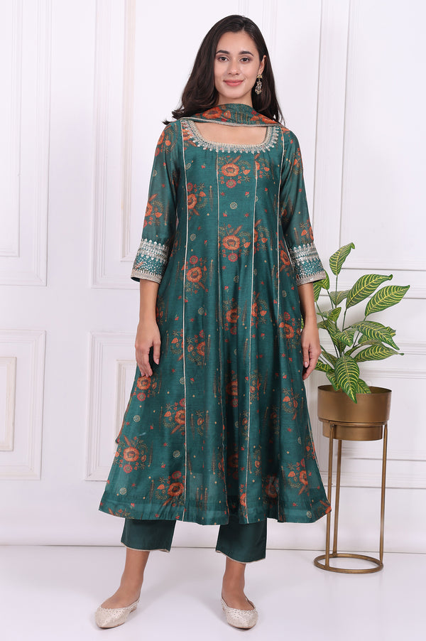 Green Floral Printed Sequined Flared Kurta, Straight Pants and Dupatta Set